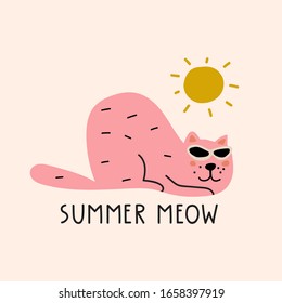Cat with glasses. Funny phrase - summer meow. Hand drawn vector illustration.