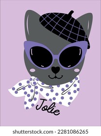 cat glasses hat glamour Paris print vector