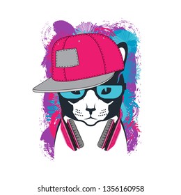 cat in glasses and headphones and cap. Colored print for t-shirt and another, trendy apparel design. Vector illustrations  