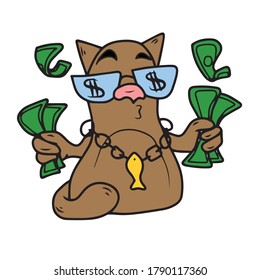 A cat with glasses holds money in its paws.Vector design for greeting cards banners.Sticker