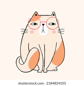 Icono de gato en gafas. Gatito serio con gafas, emociones, ánimo y expresión. El elemento gráfico comparte la impresión sobre la ropa infantil. Un animal o una mascota peluda. Dibujo vectorial plano de dibujos animados