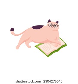 Cat in glasses lying with open book. Illustration of cat reading book. Cozy concept. Study and relax at home.