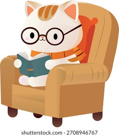 A cat with glasses on a bed is reading an interesting book