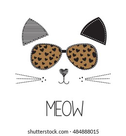 cat with glasses on white background, T-shirt graphics for kids vector illustration