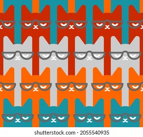 Cat with glasses pattern seamless. Pet background. Animal Baby fabric texture.