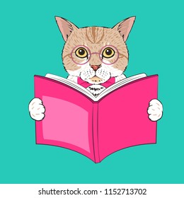 Cat with glasses is reading a book