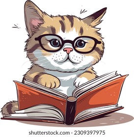 Cat with glasses reading book , Cat Reading A book