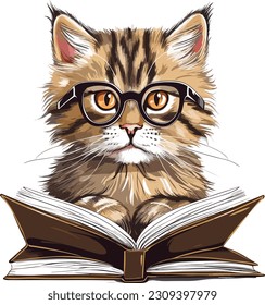 Cat with glasses reading book , Cat Reading A book