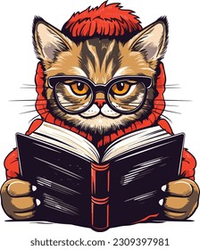 Cat with glasses reading book , Cat Reading A book