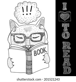 Cat with glasses reading a book. Black and white graphics. Doodle style