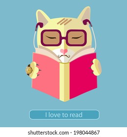 Cat with glasses reading a book. Icon style flat design