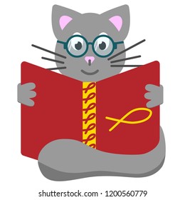 Cat with glasses reading a book in a red cover