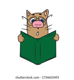 A cat with glasses reads a book .Vector children's design for greeting cards, banners.