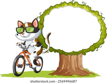 A cat with glasses rides a bicycle happily