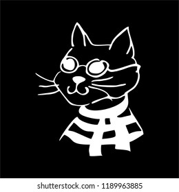 Cat with glasses, scarf and sailor, hand-drawn. The white contour vector illustration on black background. Print for t-shirts, bags, backpacks, postcards, avatars.