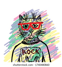 Cat with glasses and a t-shirt with the words rock drawn by hand. Doodle, sketch, scribble. Funny vector illustration.