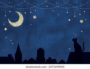 A cat and glitter moon in night town