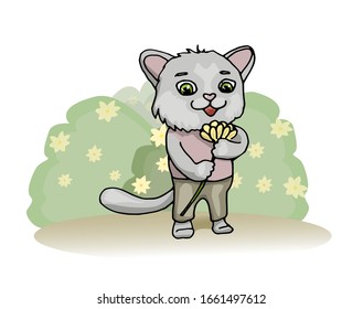 Katze geht mit gelber Blume auf ein Date