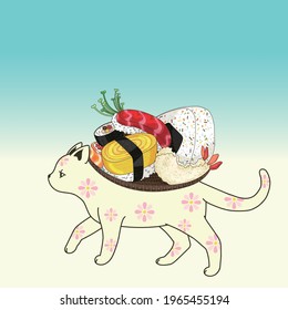 A cat goes on a picnic with a lunch box containing sushi and rice balls.