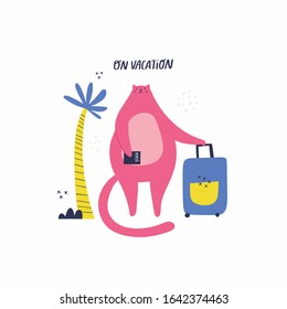 Cat goes to trip. Color flat hand drawn vector character. Palm, passport, suitcase clipart. Isolated scandinavian cartoon illustration of summer vacation and travelling theme. On vacation quote
