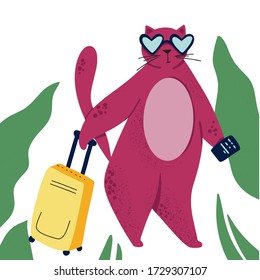 Cat goes to trip. Color flat hand drawn character. Palm, passport, suitcase clipart. Isolated scandinavian cartoon illustration of summer vacation and travelling theme.
