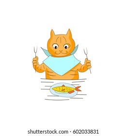 Cat going to eat fish. Vector image.