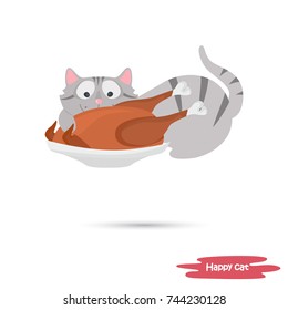 Cat is going to steal the chicken color flat illustration