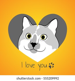 Cat in golden heart. Valentine card.