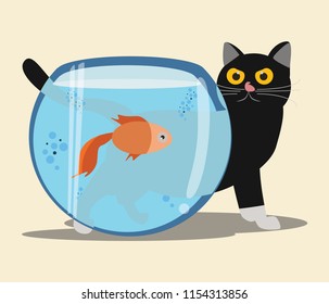 cat and goldfish vector illustration 