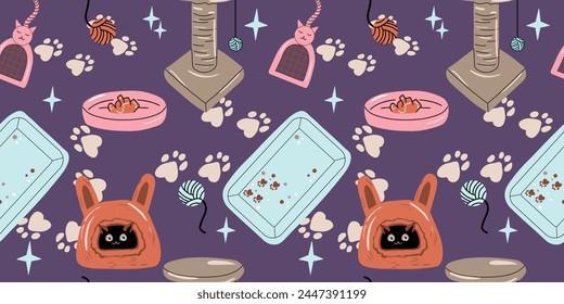 Cat goods seamless pattern in doodle style. Accessory icons set vector. Pet litter box with cat footprint, scoop,scratching post, drinking bowl, house.