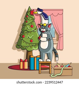 Cat with goose. December. New year and Christmas