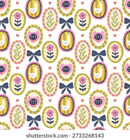 Cat and goose seamless pattern with bows and hearts. Flirty vector background for romantic packaging, textile and fabric. Kawaii cute silly cartoon style for kids and girls stylish design