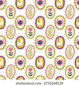 Cat and goose seamless pattern with flower cameos. Childish vector background for nursery textiles, wallpaper and stationery. Cute cartoon naive style with minimalist stylish doodle elements
