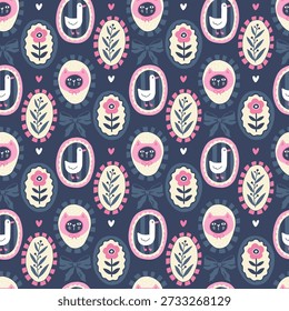 Cat and goose seamless pattern on dark background. Dark vector wallpaper for stylish packaging, fabric and stationery. Cute childish silly cartoon style with pink cameos and blue bows