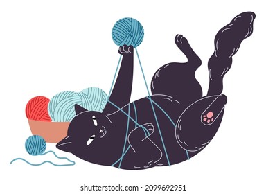 Cat got tangled in thread playing with the ball