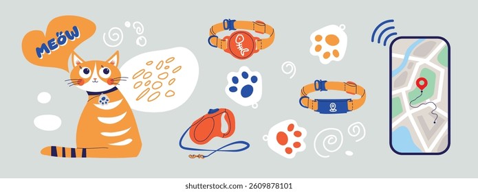 Cat GPS tracker with location pin in a mobile app. Smartphone with map showing pet movement. GPS tracking for walking a cat. Vector flat illustration on light background.
