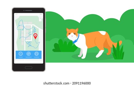 Un gato con un rastreador de Gps en un paseo. Un smartphone con un mapa de la ciudad muestra el movimiento de mascotas. Una aplicación de seguimiento de mascotas. Ilustración de tendencia plana vectorial sobre fondo blanco.