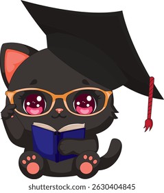 Cat In Graduation Hat With Book Glasses Vector