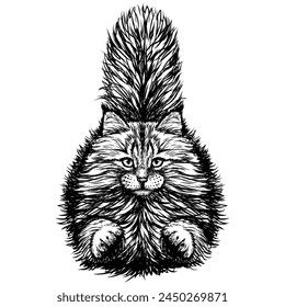 Cat. A graphic image of a running fluffy cat in a sketch style on a white background. Digital vector graphics