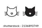 Cat graphic. Kittty face on white background with  meow sign, symbol, logo, line, illustration, editable stroke. Cat head logo silhouette. Kitten with eyes nose mouth and mustache looking.