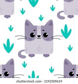 Cat in the grass. Pattern with cute cartoon animals. Kawaii children's print with pets. Vector illustration for fabric, paper, wallpaper, packaging