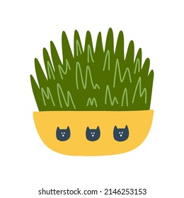 Cat grass in pot in cartoon flat style. Vector illustration of kitten accessories, cat health supplement isolated on white background