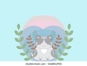 A cat with a gray pattern, Side branches and a pastel background