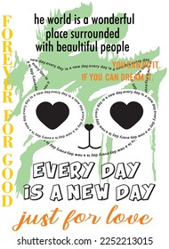 cat with green heart eyes black writings white background