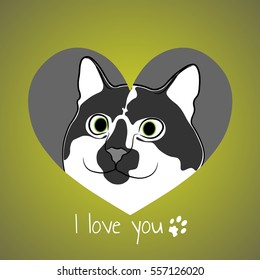 Cat in green heart. Valentine card.