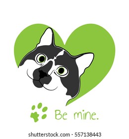 Cat in green heart. Valentine card.