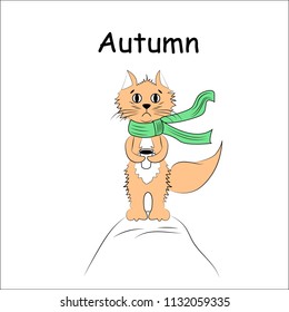 Cat in green scarf with hot coffee in the wind, vector illustration. The inscription is Autumn.Sweet cartoon character with hand drawn lettering for stickers and prints