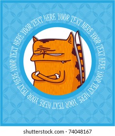 Cat greeting card with ornament background. Place for your text.  Vector illustration.