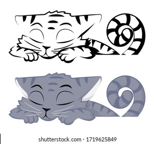 Cat grey snoozing at table cartoon character color vector illustration with black and white version, horizontal, over white, isolated
