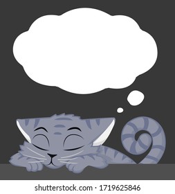 Cat grey snoozing at table with dream thought bubble, cartoon character color vector illustration, horizontal
